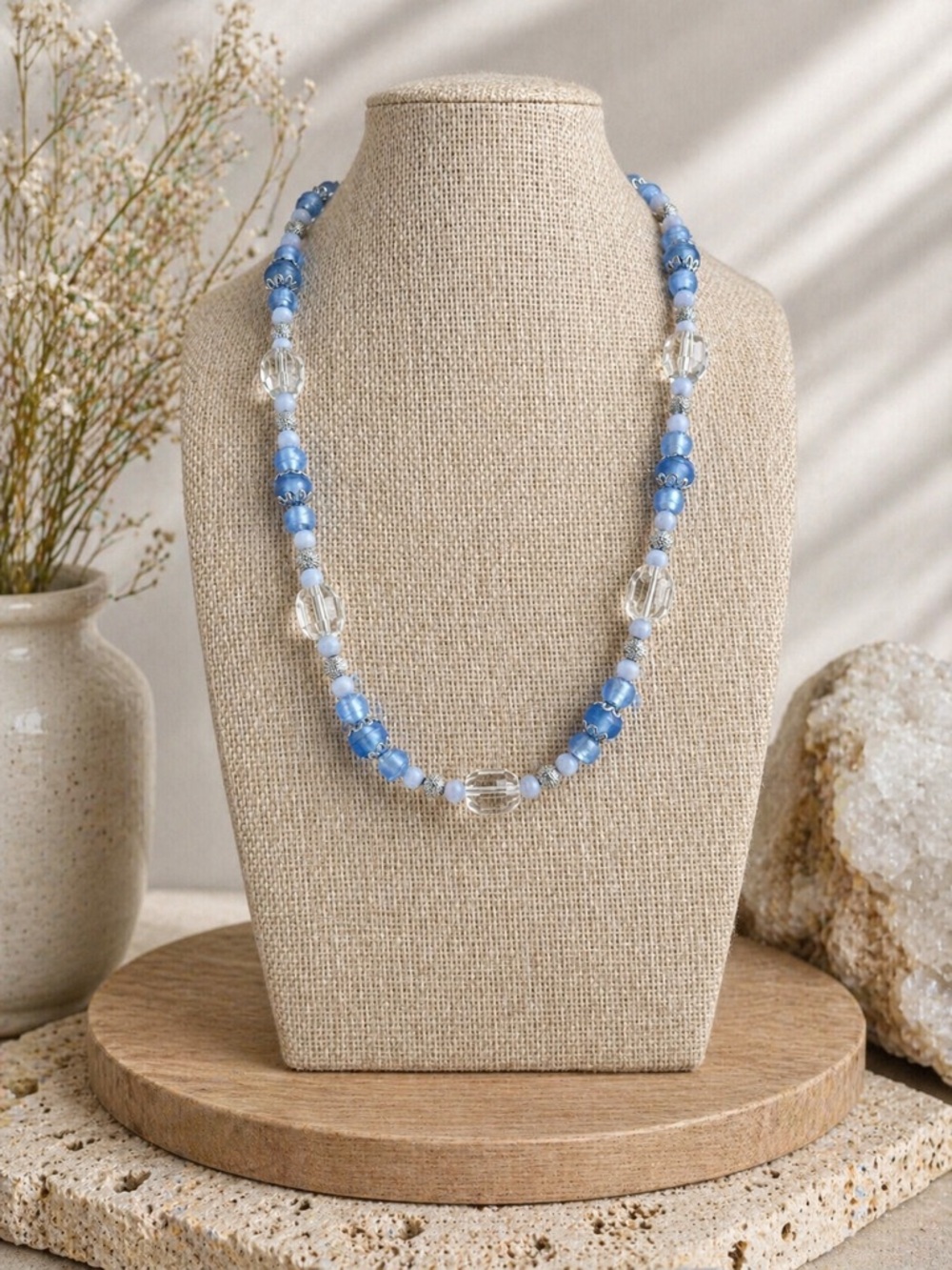 Blue Lace Agate & Lampwork Glass Necklace – 20” 💙